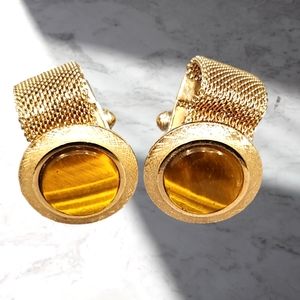 Vintage Tiger's Eye Yellow Gold Tone Wrap Around Cuff Links‎